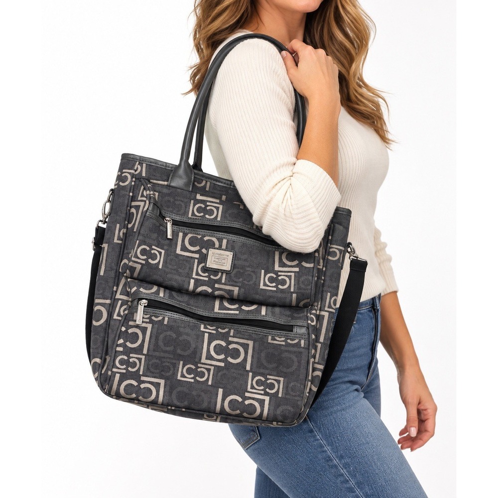 Liz Claiborne Monogram Tote Shoulder Bag Gray Black Crossbody Multi Pocket Purse